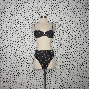 Onia Black Floral Print Underwire Top And Belted High Waist Bikini Swim Set